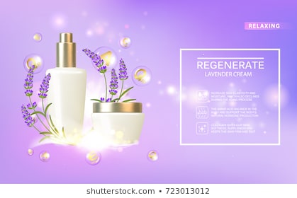 Women care cosmetic in beautiful bottles over violet background. Lavender cream and oil. Moisturizer with Vitamins and Regenerate Cream containes lavender essence. Vector illustration.