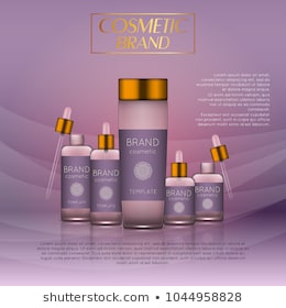 3D realistic cosmetic bottle ads template. Cosmetic brand advertising concept design with glitters and bokeh background.