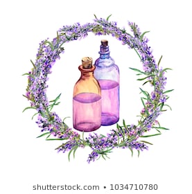 Lavender oil - perfume bottle in lavender flowers wreath. Watercolor for cosmetic, perfume, beauty design