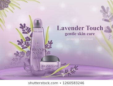Cosmetic banner with 3d realistic bottles for skincare cream, body lotion, poster template mockup for promoting your brand. Beauty product concept. Containers and tubes decorated with lavender flowers