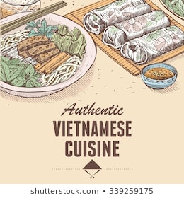 Hand drawn of Vietnamese fresh spring rolls and beef noodles
