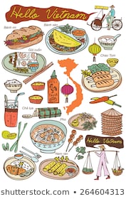 Set of Vietnamese food and icons doodles, vector
