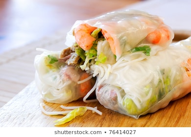 Vietnamese rice paper rolls with prawns, pork and bean sprouts.