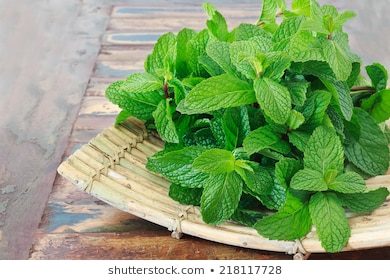  Fresh mint  on wooden table copy space. Selective focus