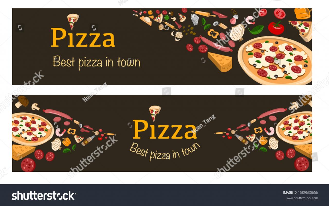 Pizza banner or background template for restaurant, horizontal banner template of flying ingredients of pizza and cooking instruments, vector illustration , flat design
