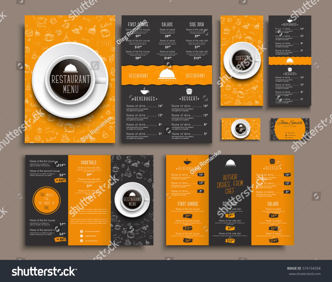 Templates business cards, A4 menu, folding brochures and flyers narrow for a restaurant or cafe. The design of black and orange colors, with drawings by hand and a cup of coffee the top view. Set.