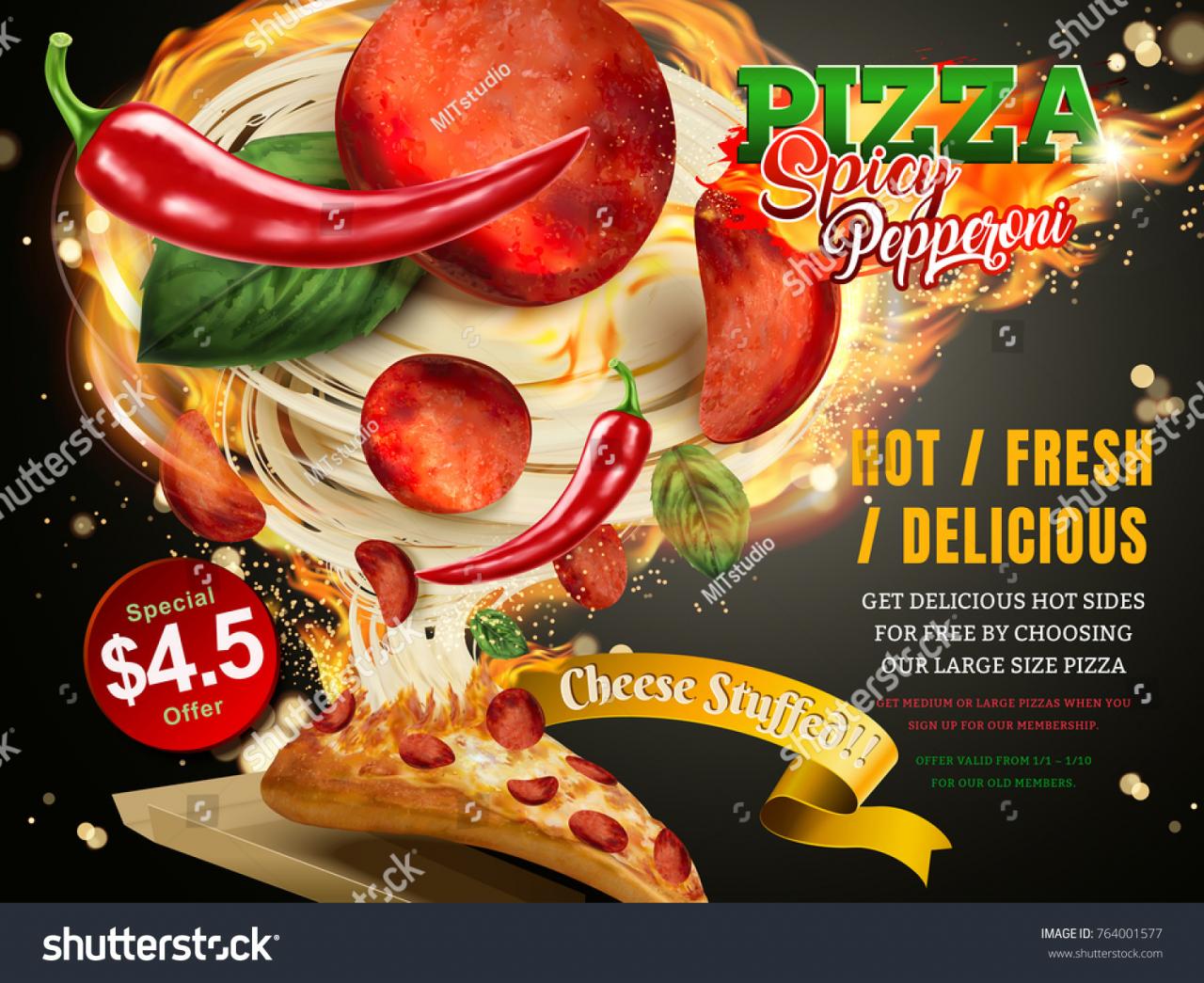 Pepperoni pizza with stringy cheese and delicious toppings flying out with fire and chili, 3d illustration