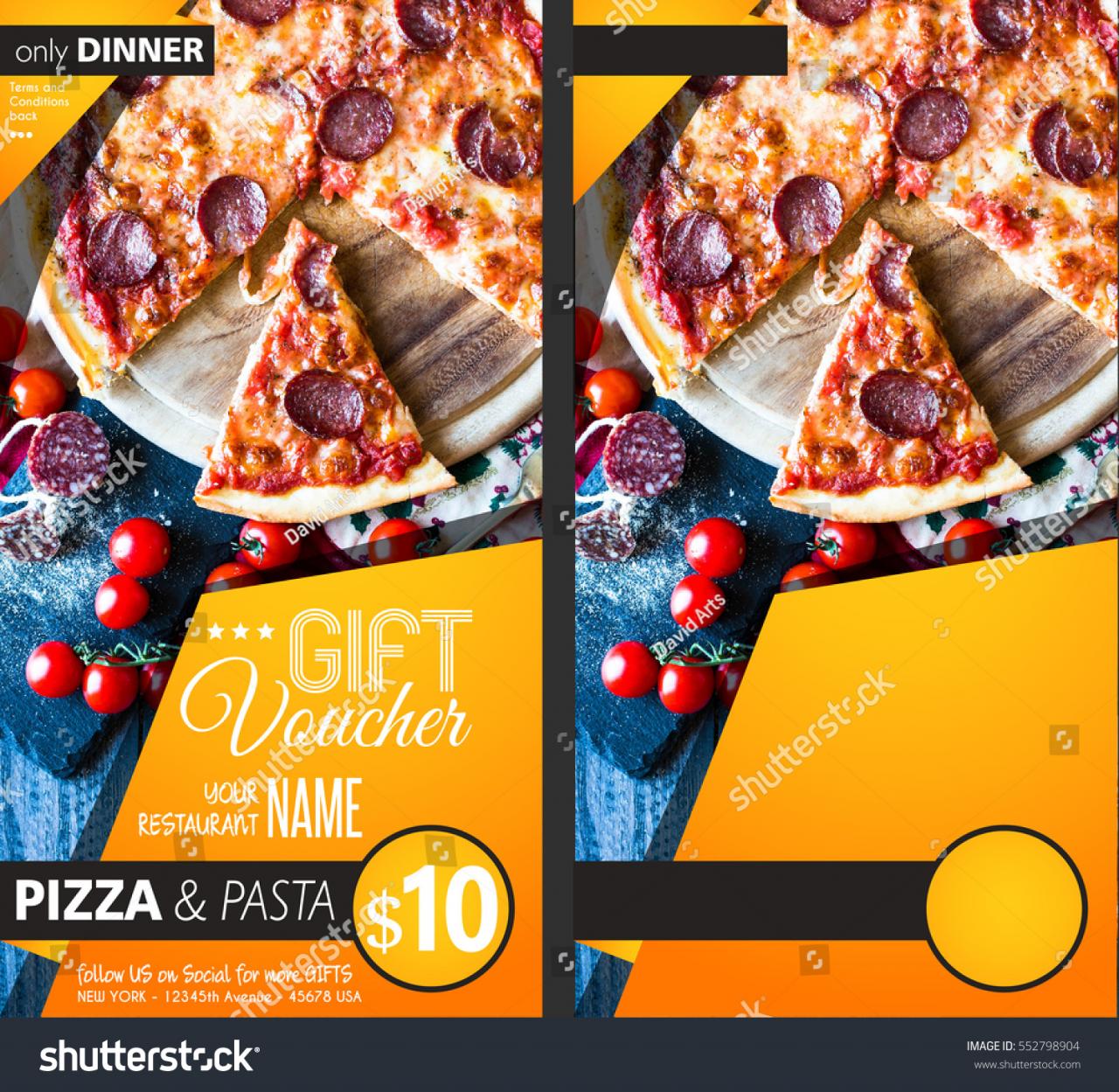 Restaurant Gift voucher flyer template with delicious taste pepperoni cheese pizza and space for your text.
