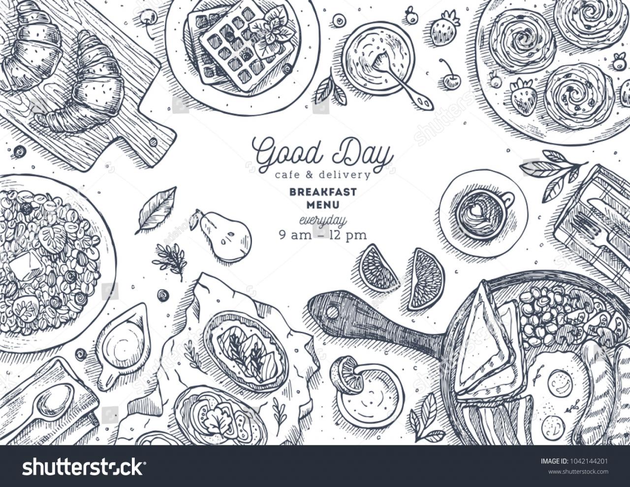 Breakfast top view illustration. Various food background. Engraved style illustration. Hero image. Vector illustration