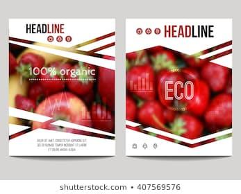 Vector brochure design template with blur background with fruits and strawberry. Healthy fresh food, vegetarian and eco concept. Can be used for presentation, web, flyer, magazine, cover, poster.