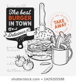 Burger illustration for restaurant on vintage background. Vector hand drawn poster for fast food cafe and hamburger truck. Design with lettering and doodle graphic vegetables.