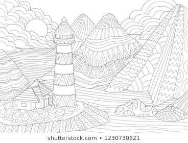 Coloring Page. Coloring Book for adults. Colouring pictures of light house among mountains,sun and rocks. Antistress freehand sketch drawing with doodle and zentangle elements.
