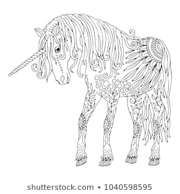 Unicorn. Hand drawn fantasy horse. Sketch for anti-stress adult coloring book in zen-tangle style. Vector illustration for coloring page.