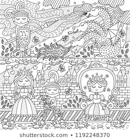 Fairy tale with knight, princess and dragon. Fantasy kingdom. Coloring page. Vector illustration