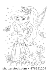 Outlined beautiful fairy with sparkles, butterfly and roses isolated on white background. Vector illustration of cute girl coloring book. Fashionable princes fairy with wings. 