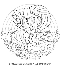 Cute little unicorn outline. Kawaii black and white for coloring. Rainbow cloud background. Vector illustration