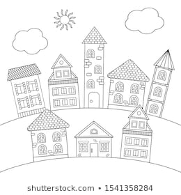 Coloring page with houses and towers on the hill