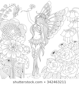 Hand drawn fairy flying in flower land for coloring book for adult