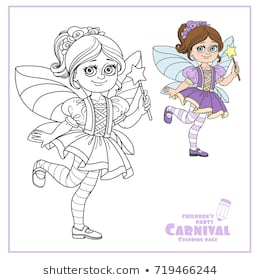 Cute girl in fairy costume color and outlined for coloring page