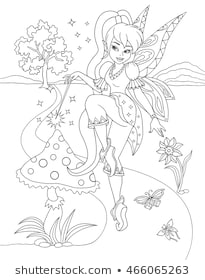 Outlined beautiful fairy isolated on white background. Wood elf with butterflies and mushroom. Vector illustration of girl. Fashionable princes with wings. Coloring book.