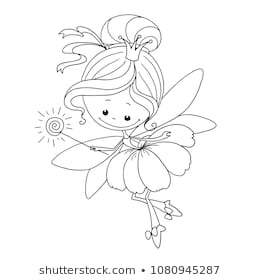 Cute fairy character. Flower fairy character for coloring page. Vector isolated on white background. Doodle hand drawing.