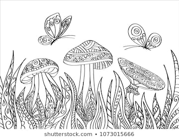 Vector illustration in the style of Zentangle. Black-and-white butterflies and mushrooms in high the grass. Coloring book for kids and adults
