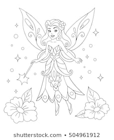 Outlined beautiful doll coloring book isolated on white background. Vector illustration of cute girl. Fashionable princes fairy with wings, magic wand and flowers.