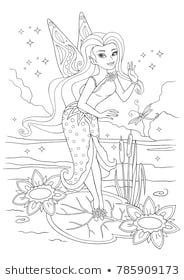 Outlined beautiful fairy with sparkles isolated on white background. Vector illustration of cute girl with lake and water lilies. Fashionable princes fairy with wings. Coloring book.