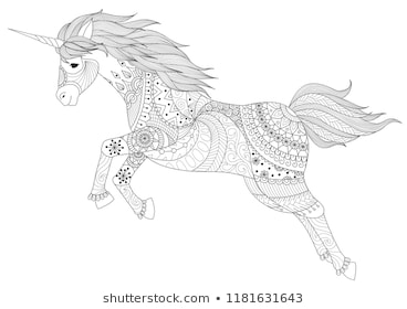 Jumping cute unicorn for printed design and coloring book pages for anti stress .Vector illustration