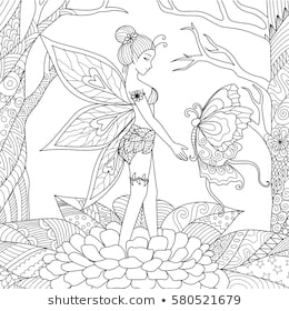Pretty fairy girl playing with big beautiful butterfly in the jungle for adult coloring book page. Stock Vector