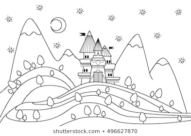 Castle landscape with mountains line art design for coloring book for children for printing. Vector artwork. Black and white. Cartoon fantasy style.