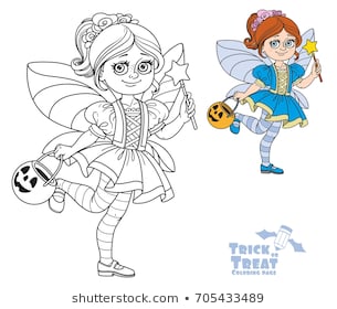Cute girl in fairy costume holding a pumpkin bag for sweets  trick or treat color and outlined for coloring page