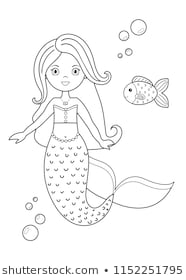 Coloring page activity for kids. Cute cartoon mermaid with a fish. Vector illustration