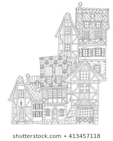 Vector cute fairy tale town doodle.Vector line illustration.Sketch for postcard or print or coloring adult book.Boho zentangle style.