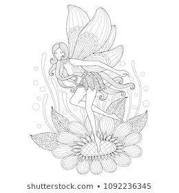 Fairy and flower. Zentangle stylized cartoon isolated on white background. Hand drawn sketch illustration for adult coloring book.