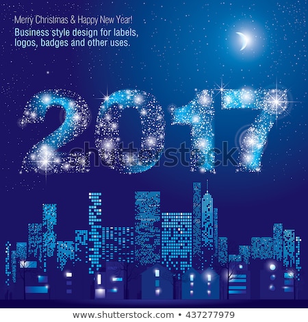 Happy New Year 2017 greeting card. City Lights. Vector illustration of city with lighting windows, the moon, trees, lamps and houses in winter time. Holidays concept.
