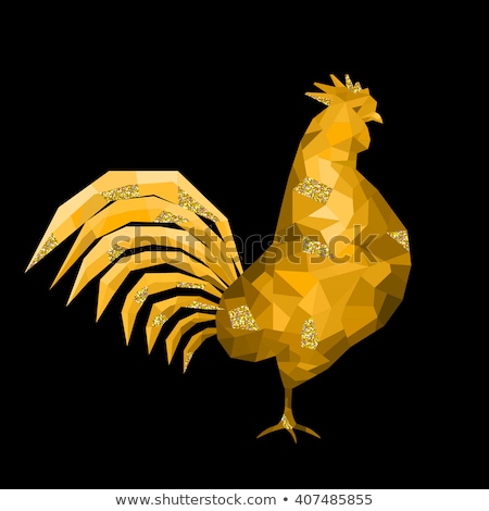 Beautiful golden polygon rooster with glittering elements on black background. Vector illustration for your graphic design.