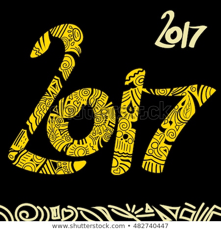 New Year 2017 hand drawn yellow vector doodle sign on blaack background. Happy new year greeting card with doodles. 2017 new year background.
