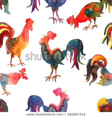 Seamless pattern with fire cock on white background. Chinese calendar Zodiac for 2017 New Year of rooster. Isolated bird drawn in watercolor.