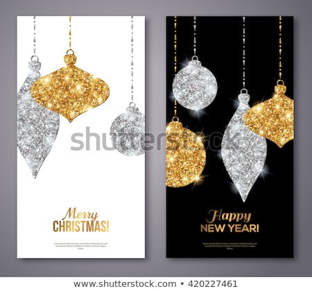 Merry Christmas and Happy New Year Flyers. Background with Silver and Gold Hanging Baubles. Vector illustration. Gold Glitter Texture. Sequins Pattern. Glowing Invitation Template. 