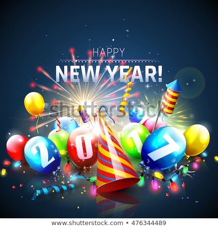 Happy New Year 2017 - Greeting card with colorful balloons,lights and fireworks on blue background