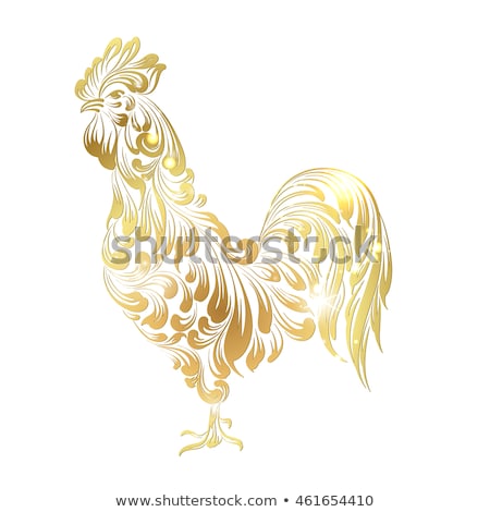 Golden Cock - Chinese calendar symbol of 2017 year. Christmas card with icon of the rooster bird over white background. Happy new year card. Vector illustration.