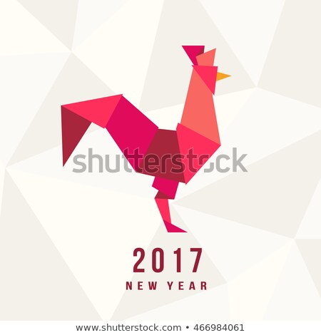 Chinese New Year of the Rooster 2017. Celebration greeting card, placard, banner, poster, flyer template. Elegant festival vector Illustration of red cock in origami geometric trendy style