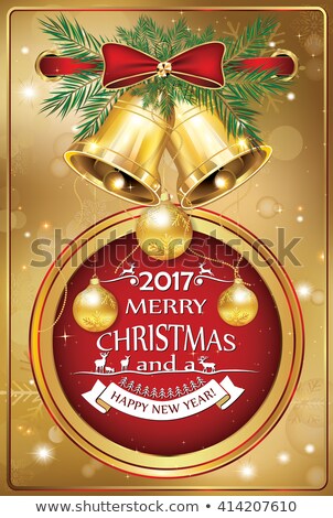 Corporate Christmas and New Year card 2017 Contains baubles, golden ribbon, pine branches, jingle bells. Print colors used; custom size of a printable greeting card.