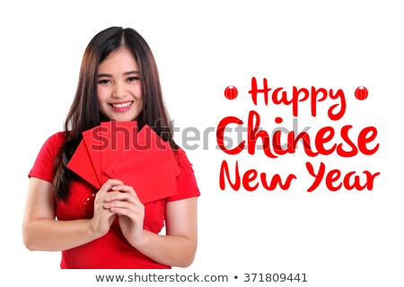 Happy Chinese New Year background design with image of cute smiling Asian girl holding red envelopes, isolated on white