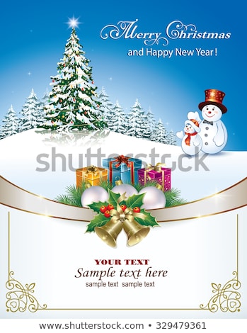 Christmas card with Christmas tree with snowmen and gifts