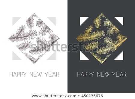Geometrical vector postcard, greeting card with hand drawn spruce branches, words "Happy New Year"