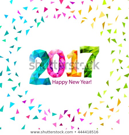 Happy New Year 2017 greeting card with colorful triangle shape multicolor confetti. Vector.