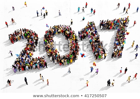 Large and diverse group of people seen from an aerial perspective, gathered together in the shape of number 2017, 3d illustration