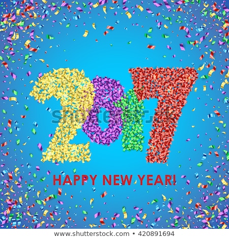 New Year 2017 celebration background. Happy New Year colorful digital type on blue background with confetti. Greeting card template. Vector illustration.